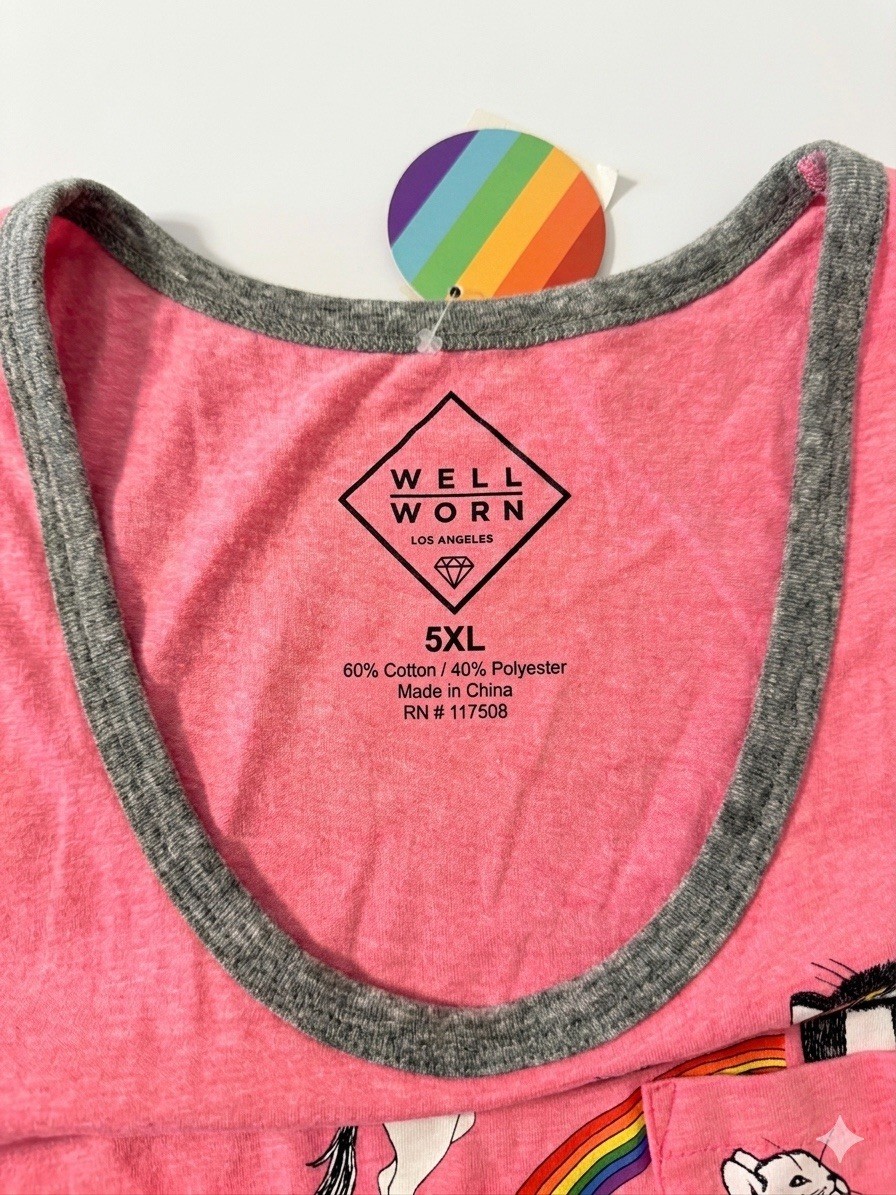 Well Worn 5XL Tank Top Pink Rainbow Unicorn Cat Bear Pocket Graphic Plus Size 5X