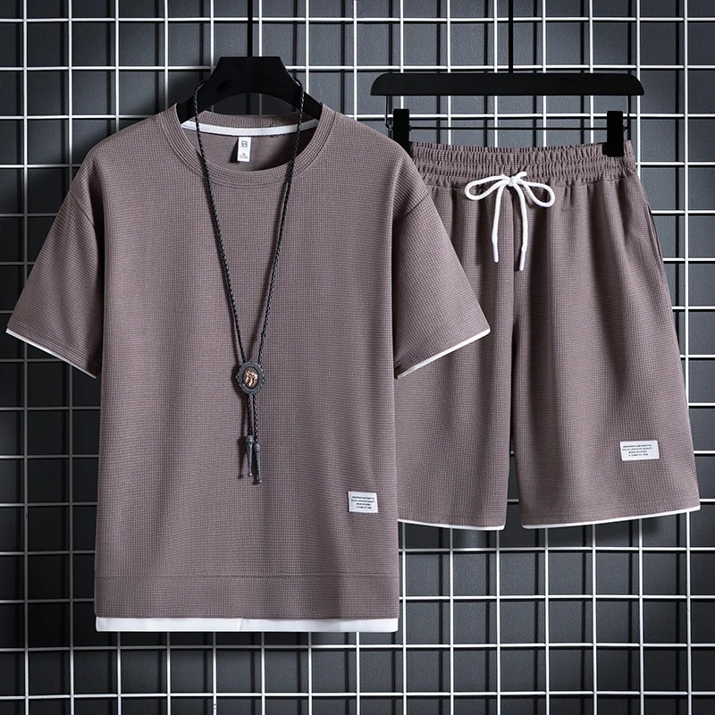 2025 new Summer Men&rsquo;s Waffle Sets Casual T-Shirt And Shorts Set Male Sports Suit