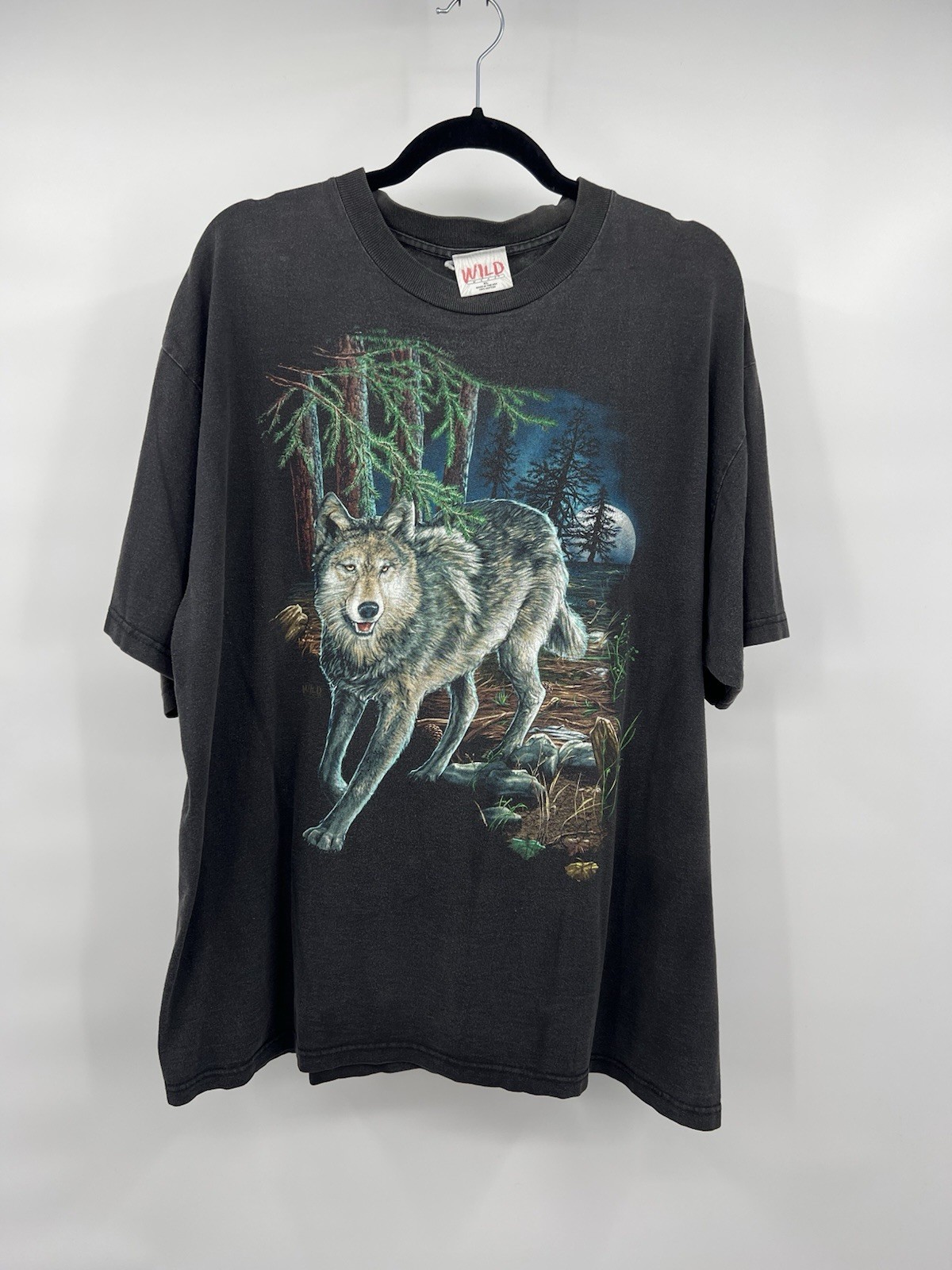 Vintage Wild Wear Wolf Moon Graphic Print Shirt Black XL 1990’s EUC