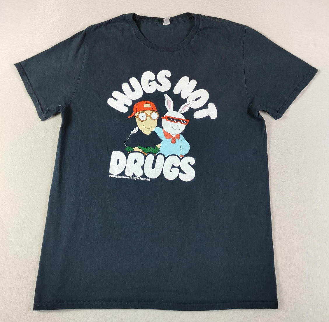 Vintage Arthur Hugs Not Drugs Shirt Mens Large Black 2001 Cartoon Graphic Tee