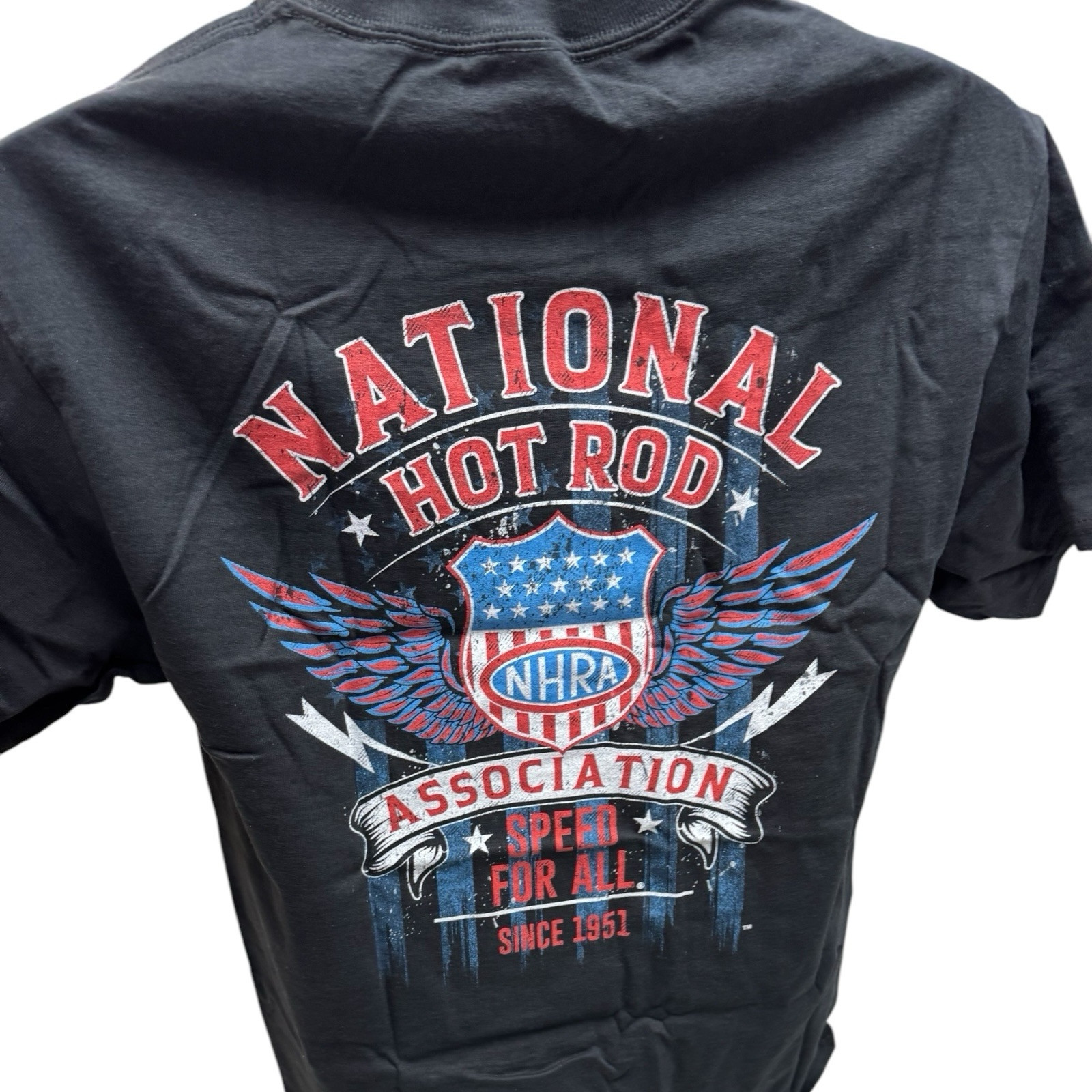 NHRA Drag Racing Vintage Speed For All American Flag Black T-Shirt