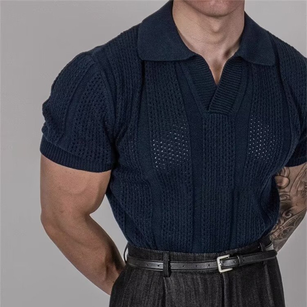Men Hollow Lapel T Shirt Knitted Texture Fabric Korean Style for Daily Outings