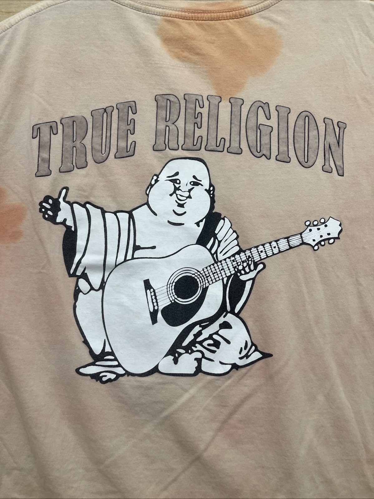 True Religion Men’s Peach/Orange Tie-Dye Buddha Guitar Graphic Tee – XL