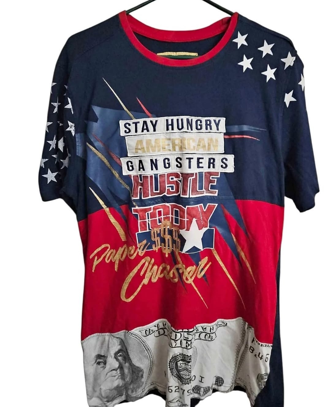 Men’s XL Hustle Graphic T-Shirt USA Flag Stars Paper Chaser Money Benjamin