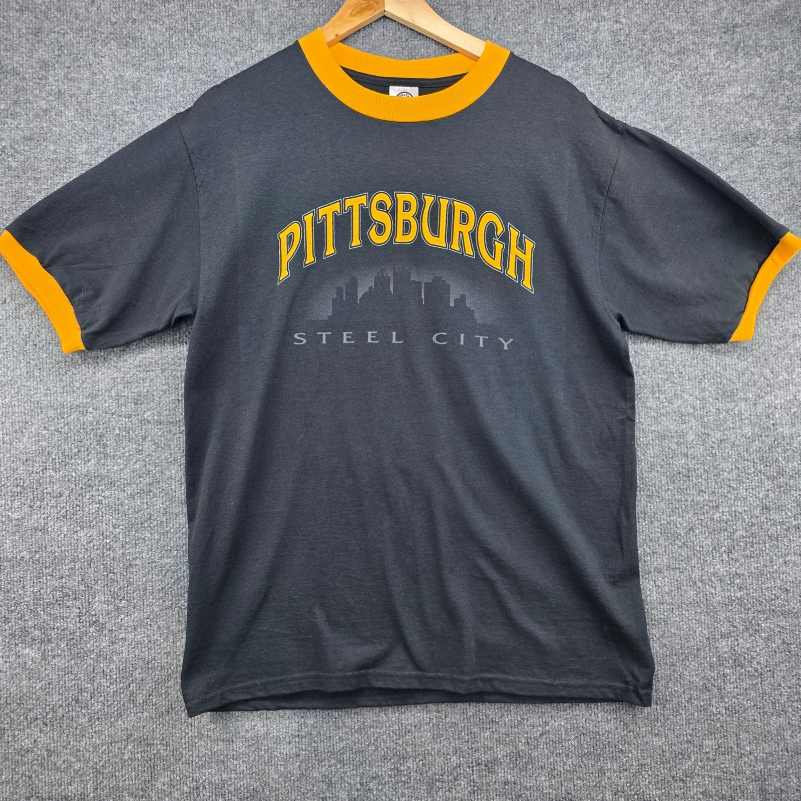 Vintage Delta Pro Weight Pittsburgh Steel City Ringer T-Shirt Black Yellow Mens
