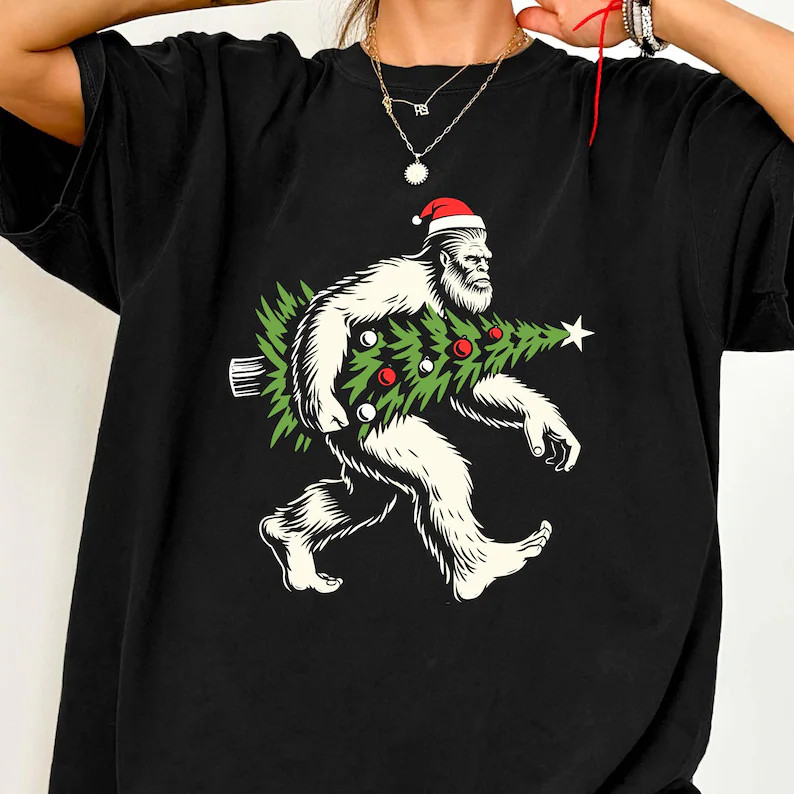 Bigfoot Sasquatch Holiday Christmas Tree Soft Washed Comfort Tee