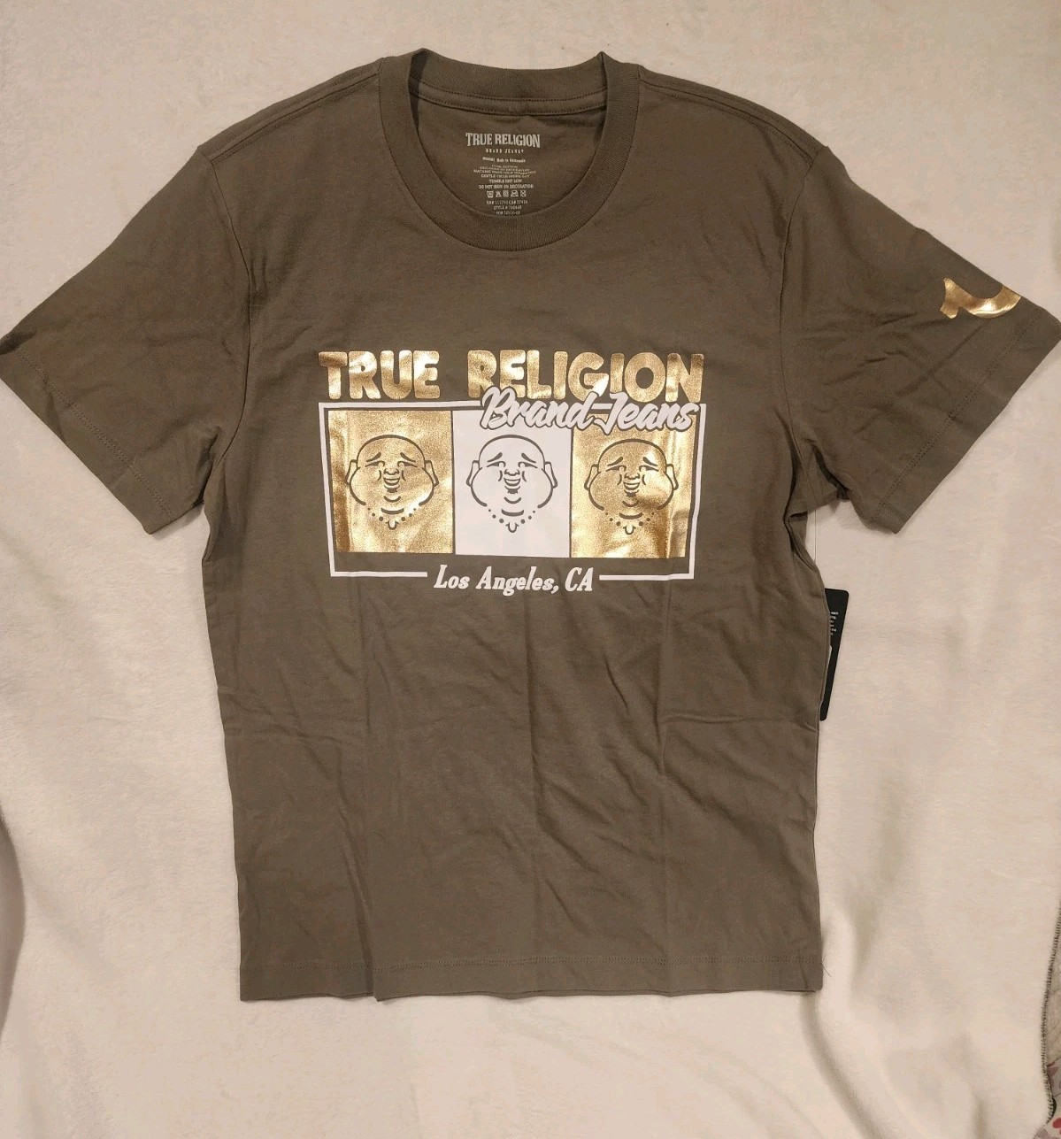 True Religion Green Triple Buddha T-Shirt Gold Foil Metallic Tee Medium