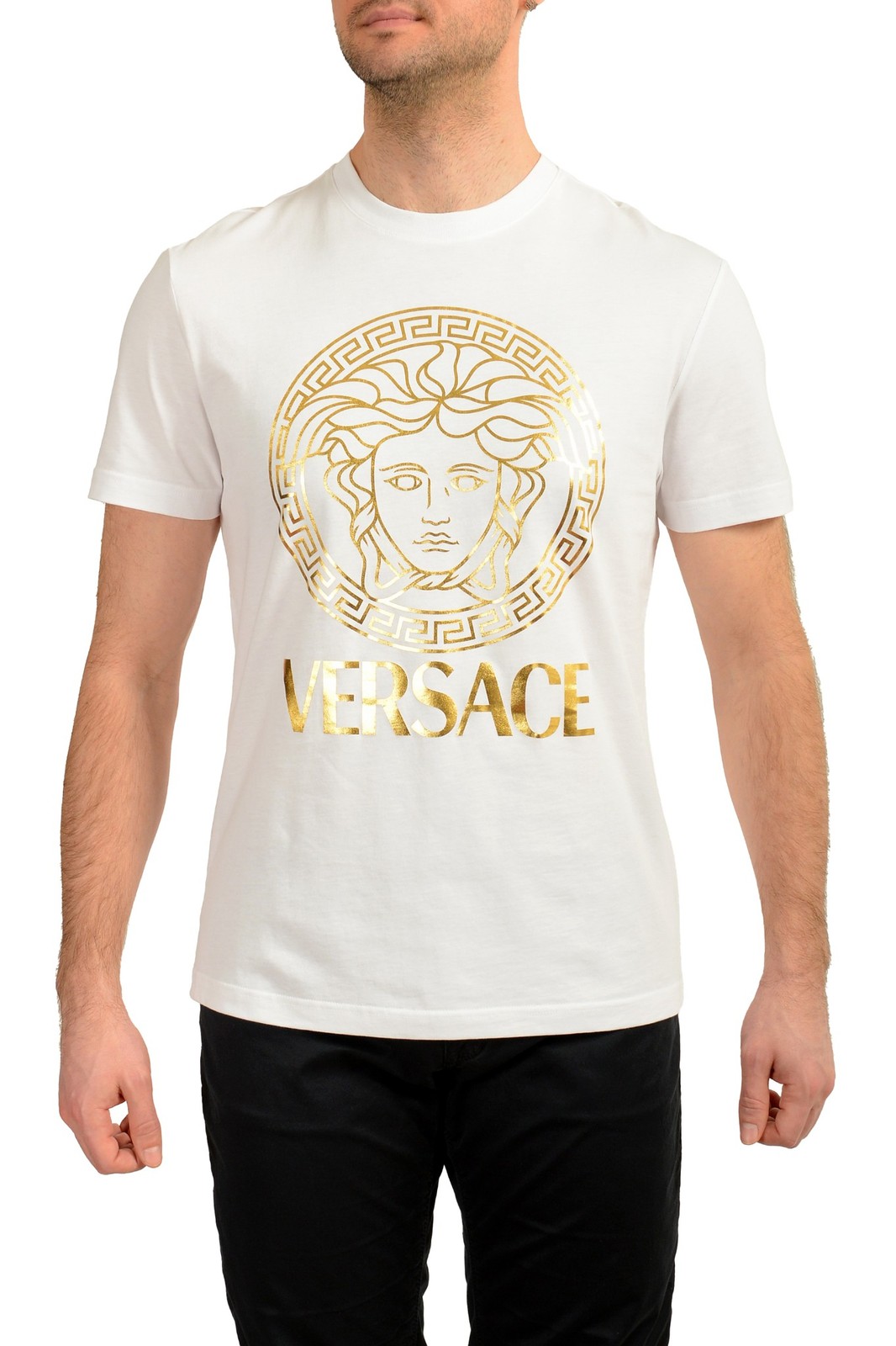 Versace Men&rsquo;s Gold Medusa Print White Short Sleeve Crewneck T-Shirt US 2XL IT 56