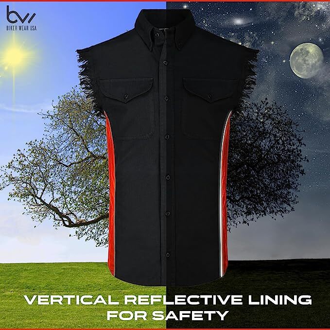 MEN&rsquo;S SLEEVELESS DENIM SHIRTS – 2-TONE – WITH VERTICAL REFLECTIVE SAFETY LINING