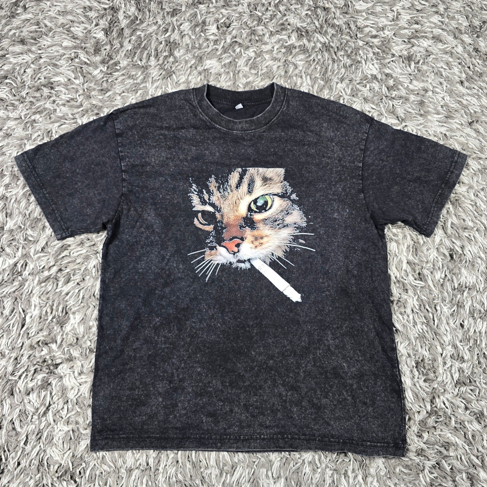Smoking Cat Graphic T-Shirt Acid Wash Black Mineral Wash Streetwear Mens Medium