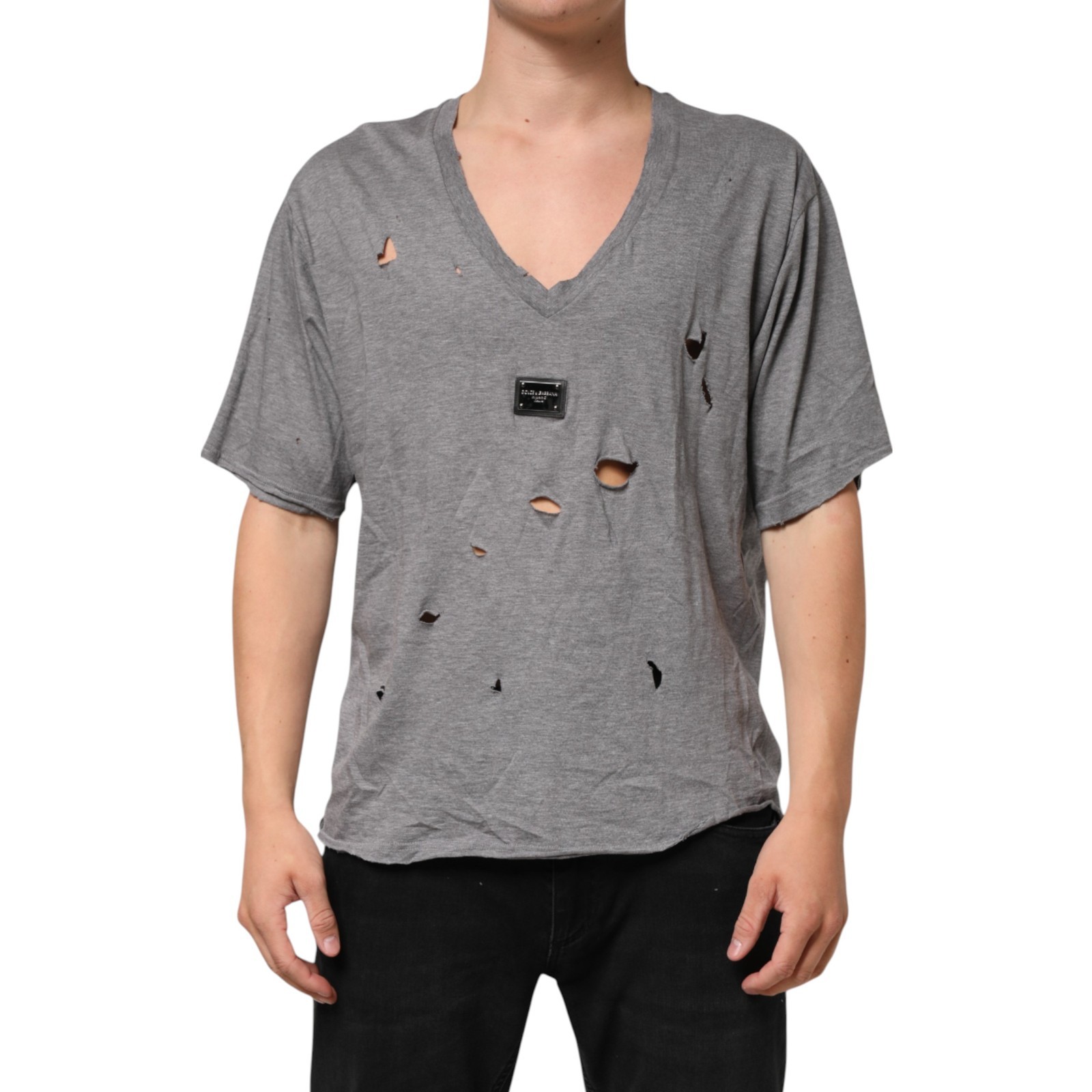 DOLCE & GABBANA T-shirt Gray Cotton Tattered Logo Patch Men IT52/US42/XL 750usd