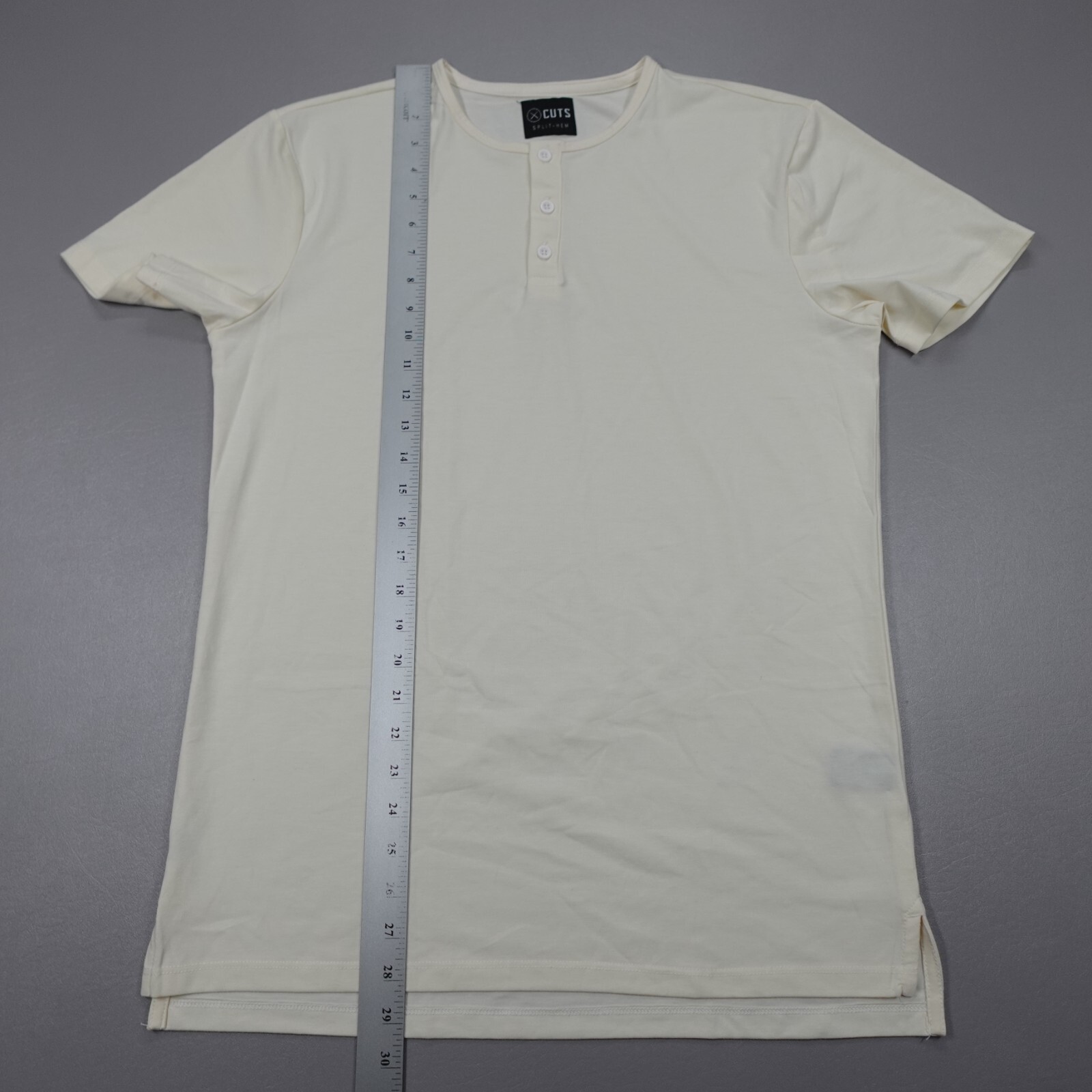 Cuts Clothing Split Hem Short Sleeve Tee Henley Stretch Beige Slim Fit
