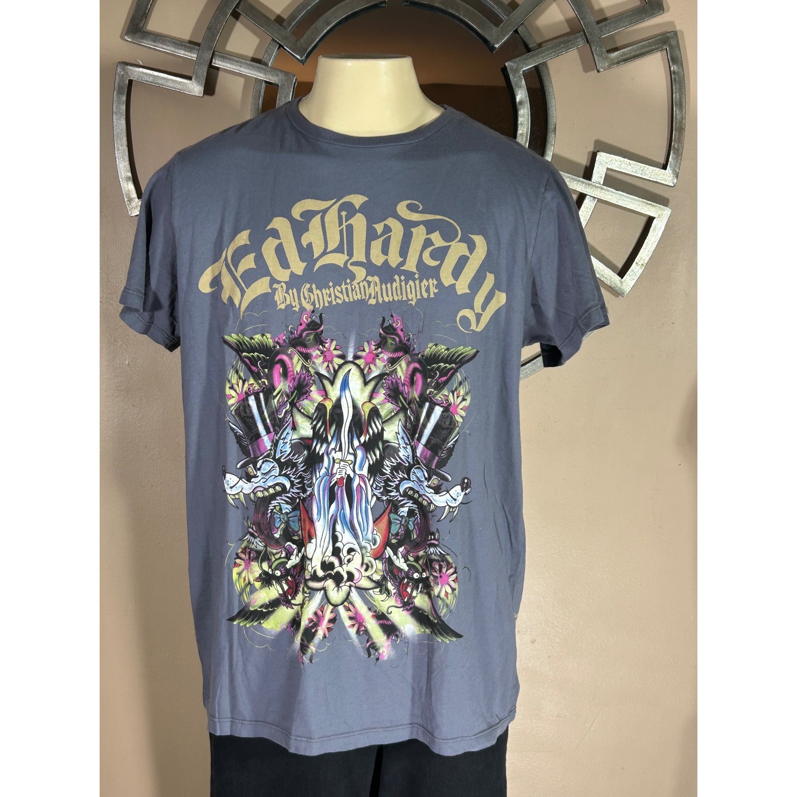 Ed Hardy Christian Audigier Men&rsquo;s Graphic Shirt Dark Grey XXL Death Angel Lover
