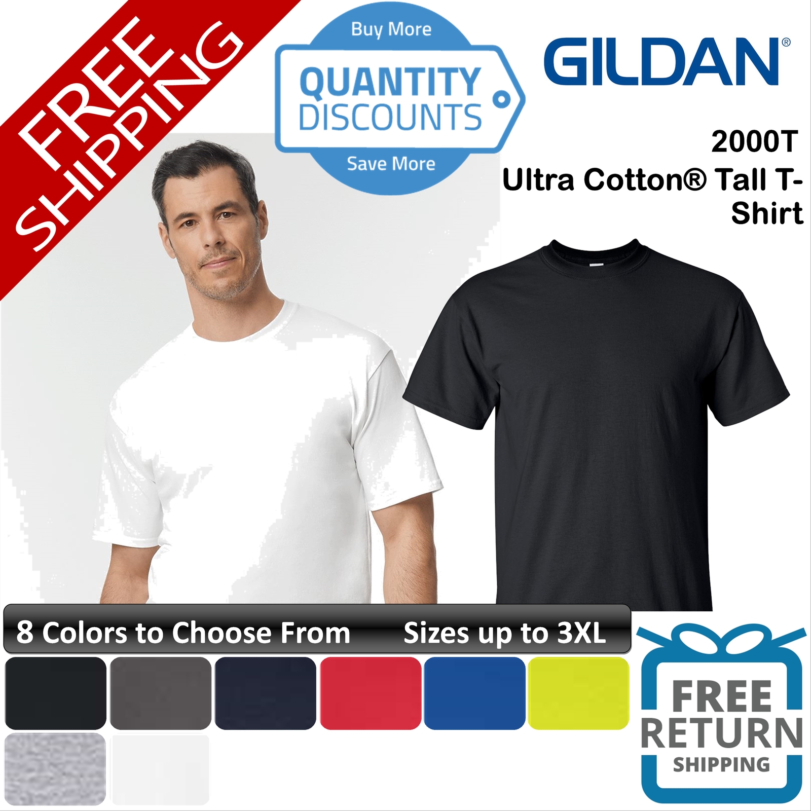 🔥 Gildan Men Ultra Cotton & Blends Tall Size Classic Fit T-shirt Up To 2000t