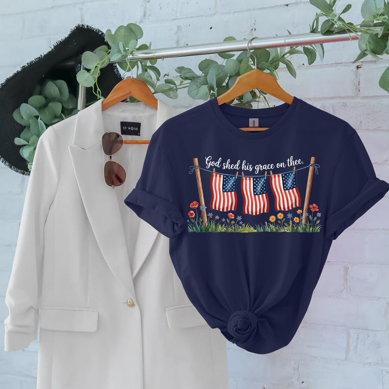 God Shed His Grace Graphic Tee Christian Patriotic Shirt Vintage Flag Apparel