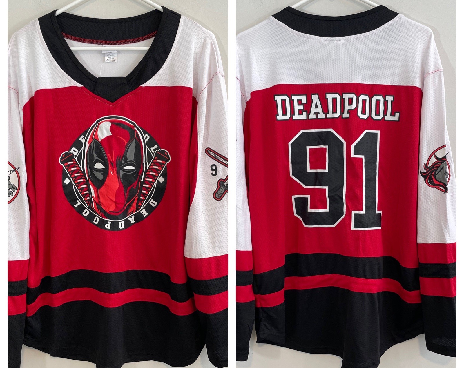 NEW Marvel Deadpool hockey Jersey mens sz large #91 Red Graphic long slv 42/44