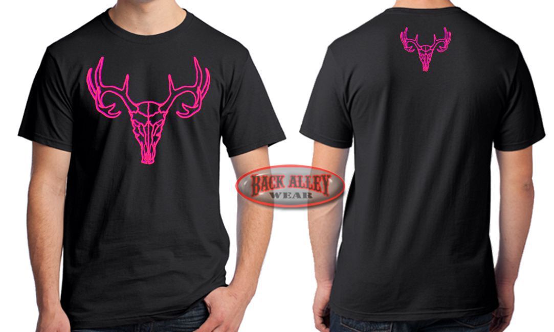 DEER SKULL ~ NEON PINK ~ T-SHIRT ~ Hunting Tee 12 Point Buck Whitetail Hunter