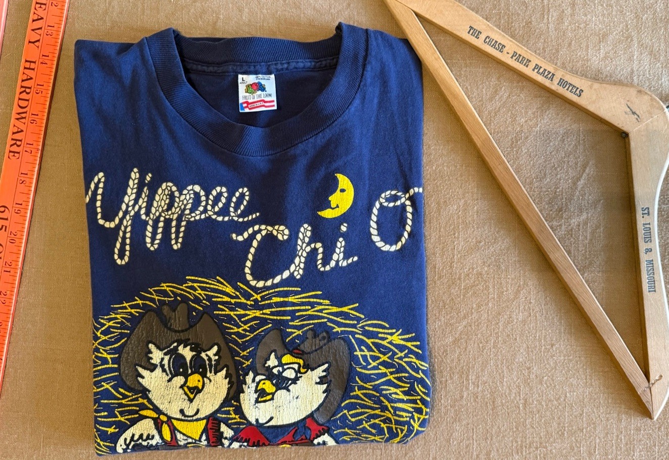 Vintage 1990e Chi Omega T-Shirt Owl Cowboy Graphic, Adult Large, Made In USA
