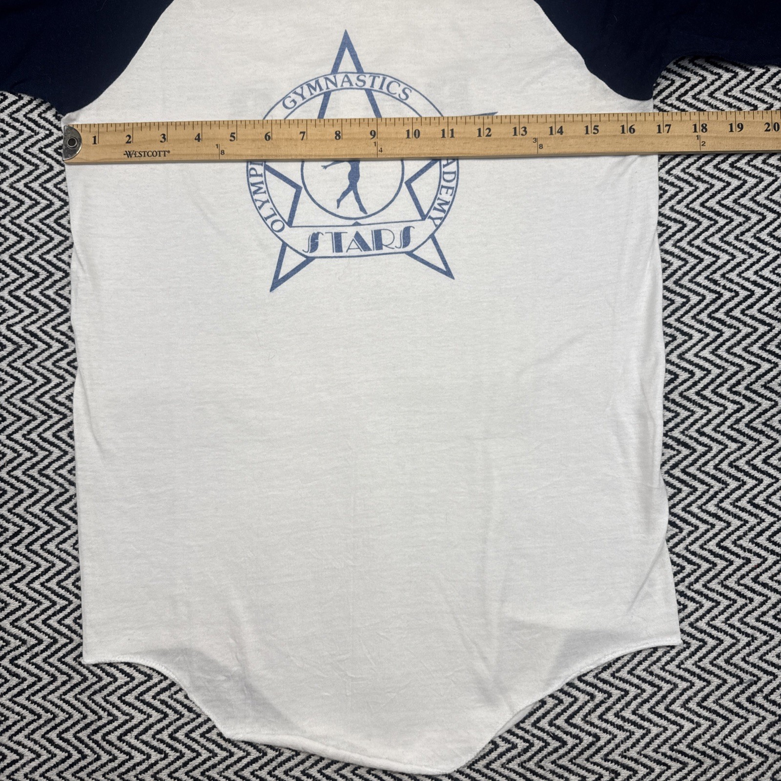 VTG 80s Olympia Gymnastics Academy SIZE SMALL Blue Raglan White Shirt T-Plus Tag