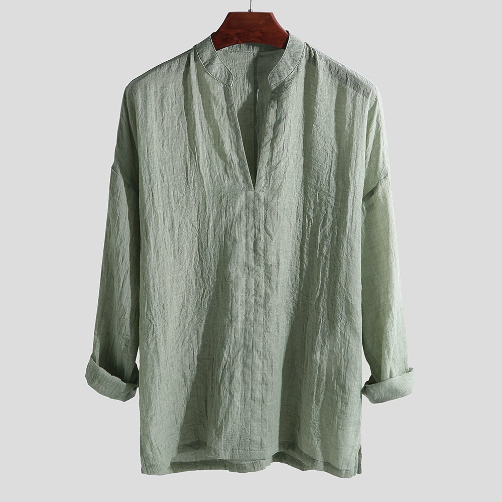 Mens Linen V Neck Long Sleeve Basic Tee T-shirt Casual Tops Blouse M-XXL
