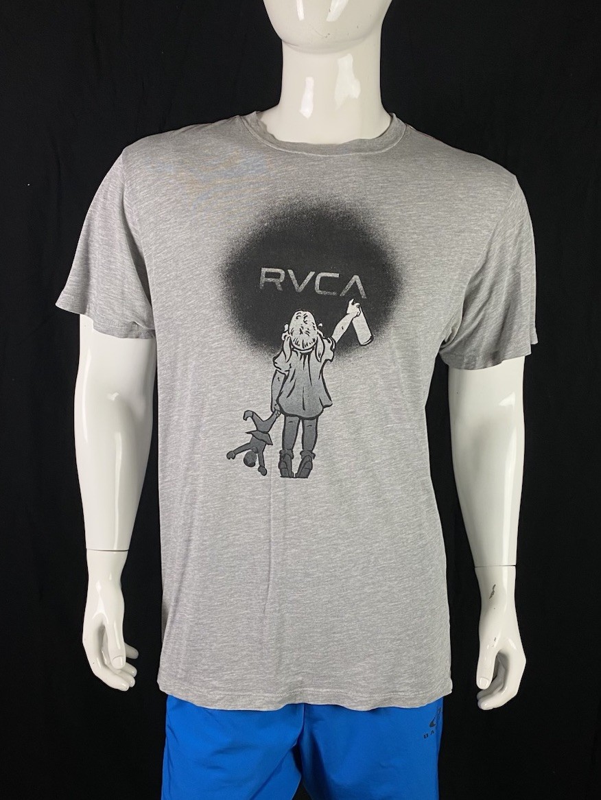 RVCA ANP Kevin Ancell Girl w/ Doll & Spraypaint Graphic Gray T Shirt, A Grade, L