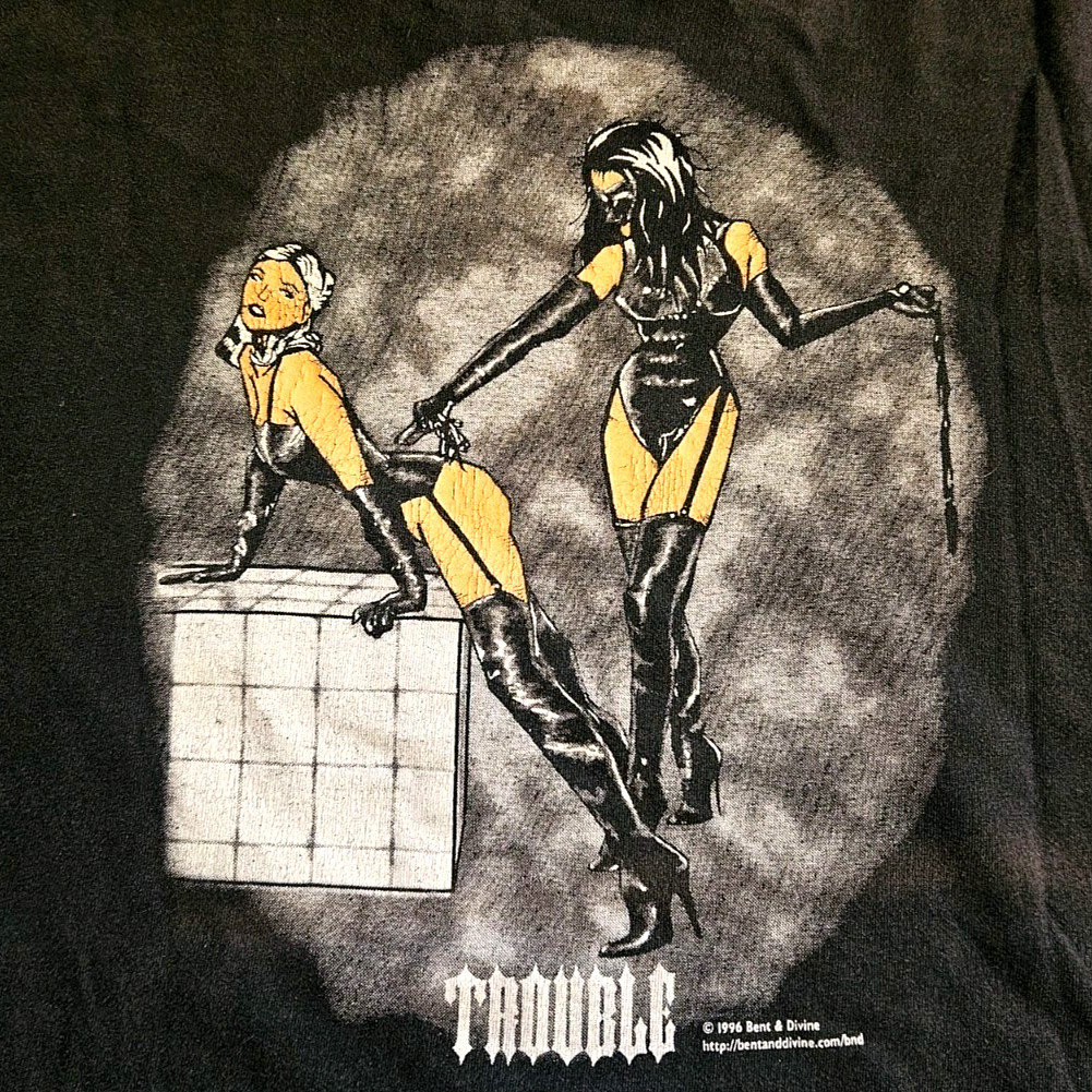 Vintage 90s S&M Dominatrix BDSM Trouble Bent & Divine Sex T-Shirt XL