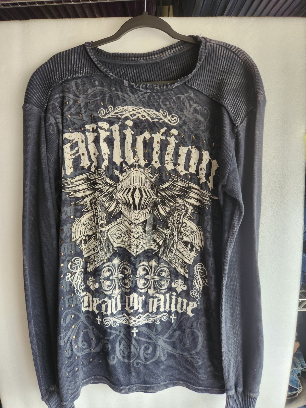 Affliction Dead or Alive Blue ThermalKnit Studded shirt Mens Sz L Biker Grunge
