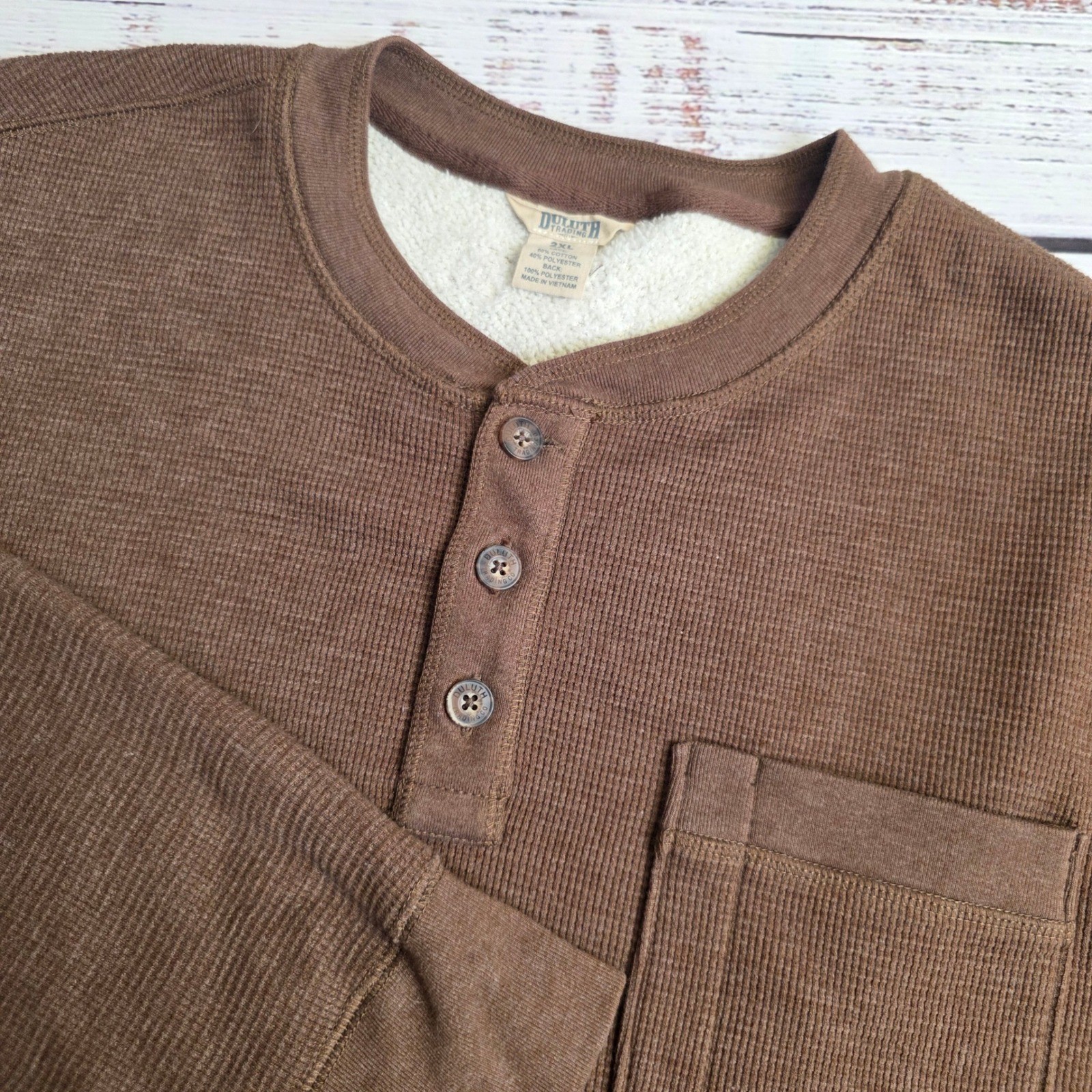 Duluth Trading Co Burly Thermal Henley Shirt Brown Sherpa Lined 2XL 73258 Mens