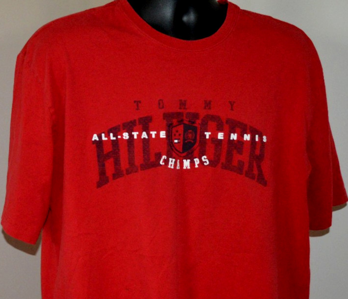 TOMMY HILFIGER T SHIRT TENNIS RED XL MENS ALL STATE CHAMPS COTTON VGC