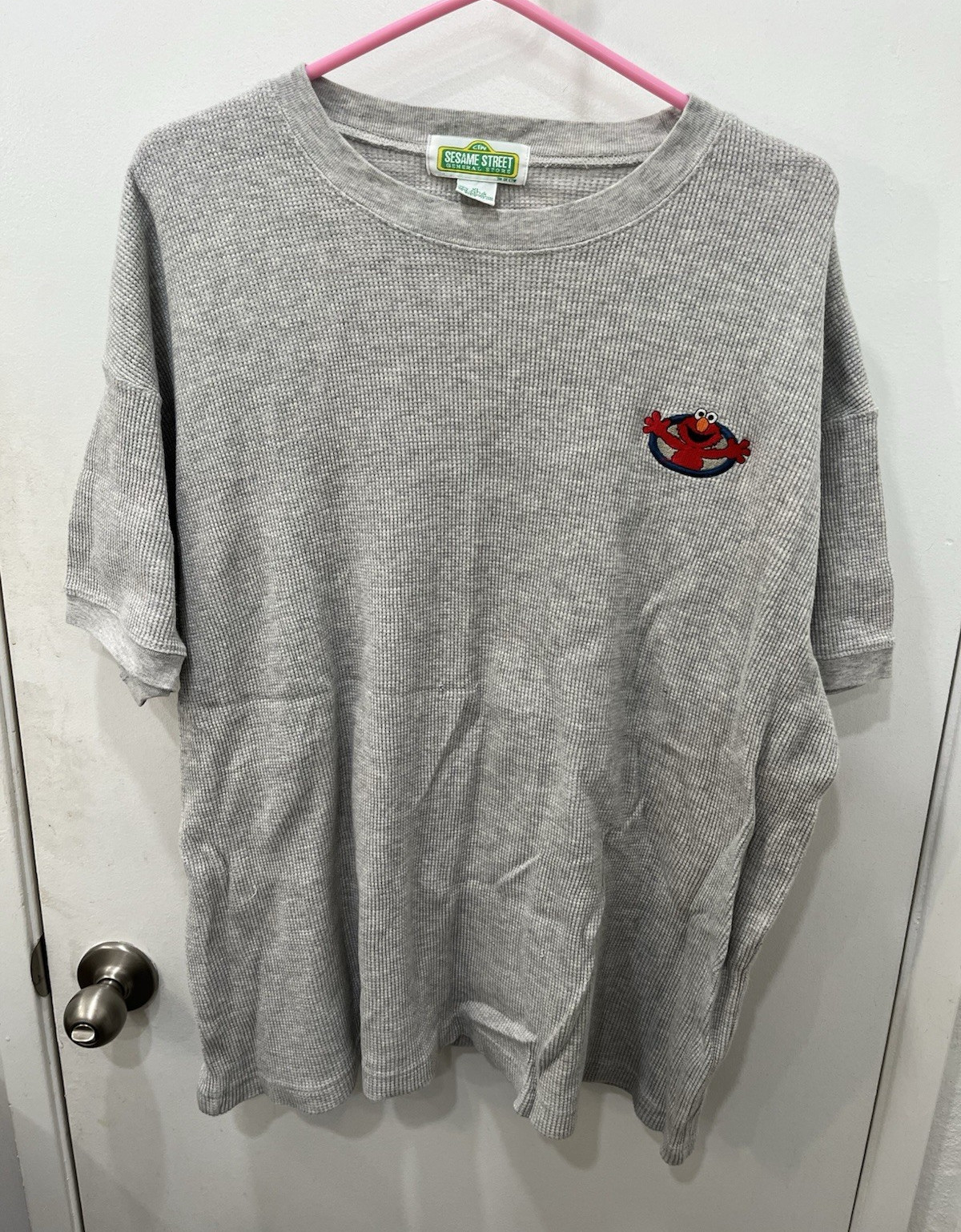 Vintage Sesame Street General Store Elmo Embroidered Waffle Knit Shirt Mens L