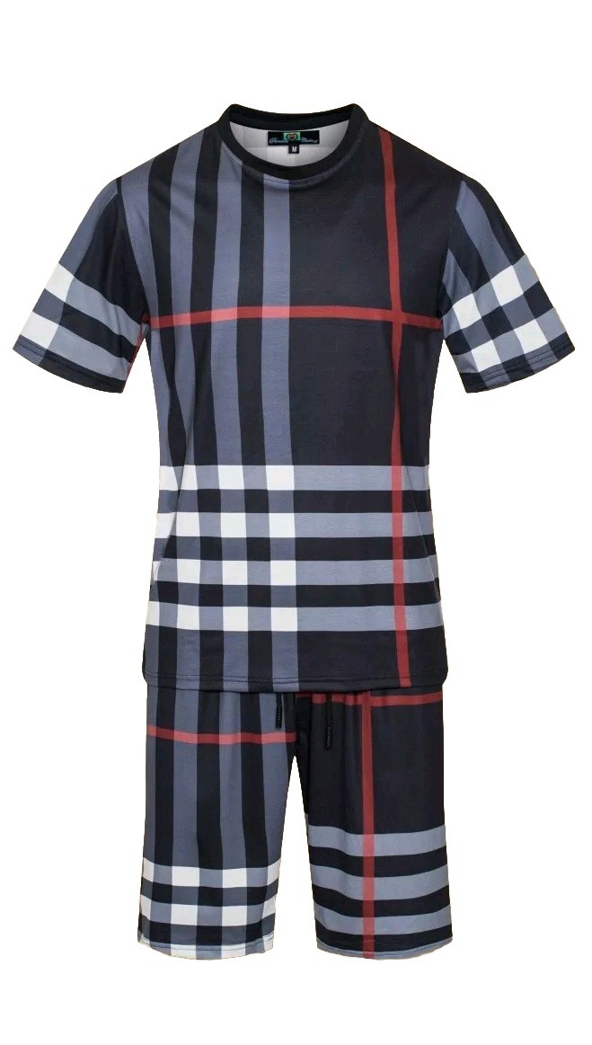 Men&rsquo;s Italian fashion Black/gray Short Sleeves T-shirt/short Set squared/striped