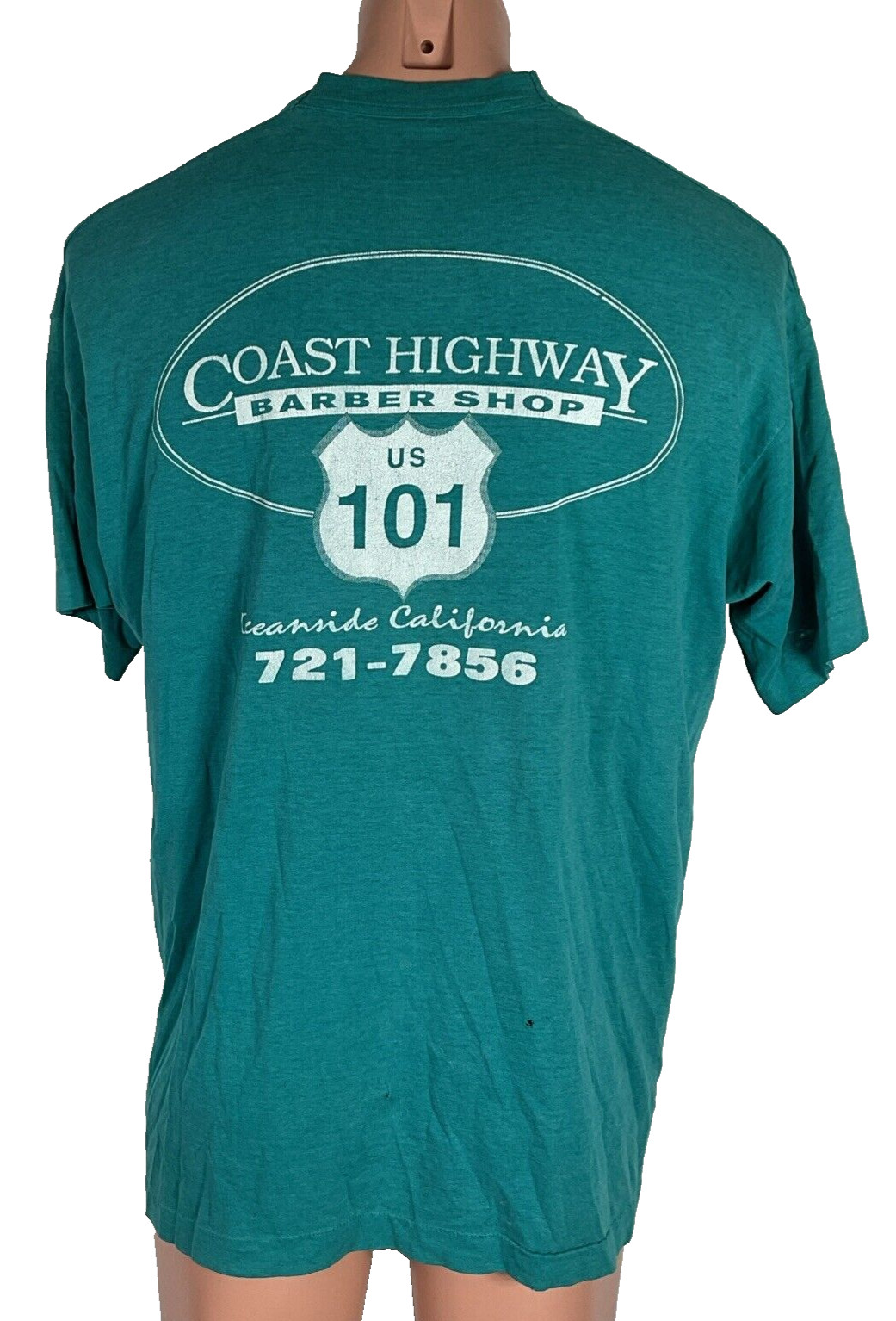 Vtg 90s Coast 101 Highway Barber Shop Oceanside CA Teal T-shirt XL Single Stitch