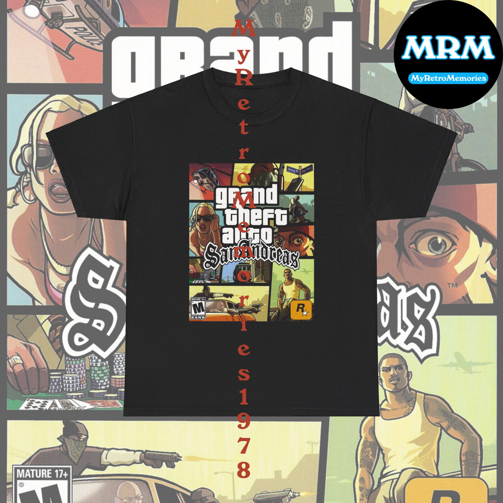 Grand Theft Auto San Andreas GTA Box Art Design Black T-Shirt S-5XL Retro Tee