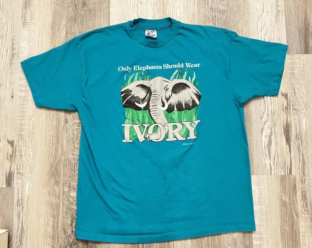 Vintage Single Stitch “Only Elephants Should Wear Ivory” Shirt Size XL Blue Teal