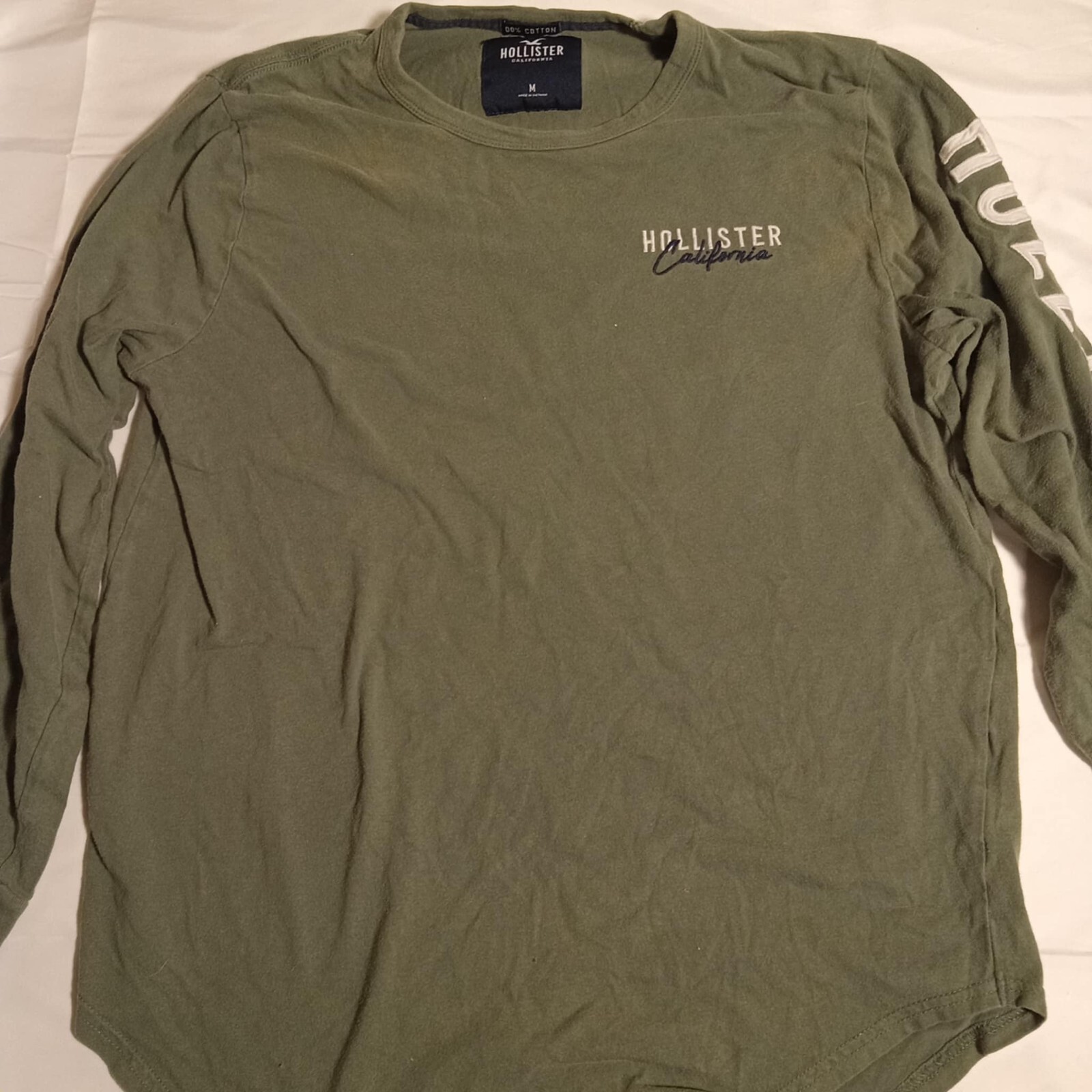 Hollister Mens M Embroidered Spell Out Logo Long Sleeve Soft T-Shirt Green