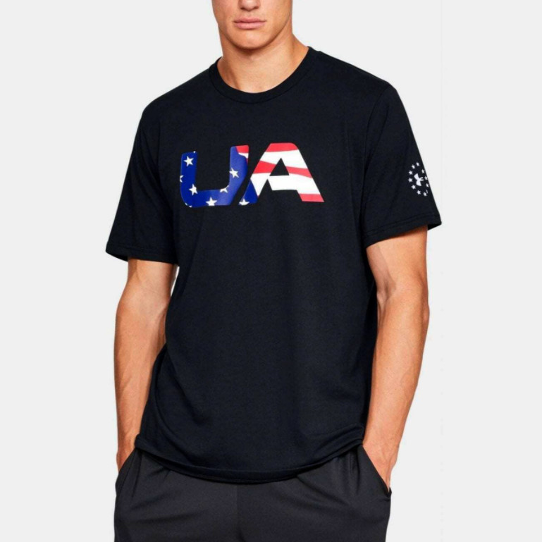 Under Armour Freedom USA Flag T-Shirt Black UA Big logo star stripes 1333352