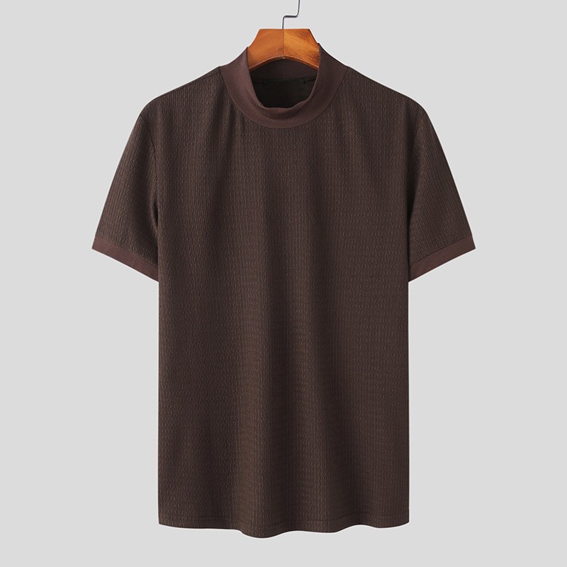Mens Mock Turtleneck Pullover T-Shirt Knitted Sweater Slim Fit Short-Sleeve-Tee