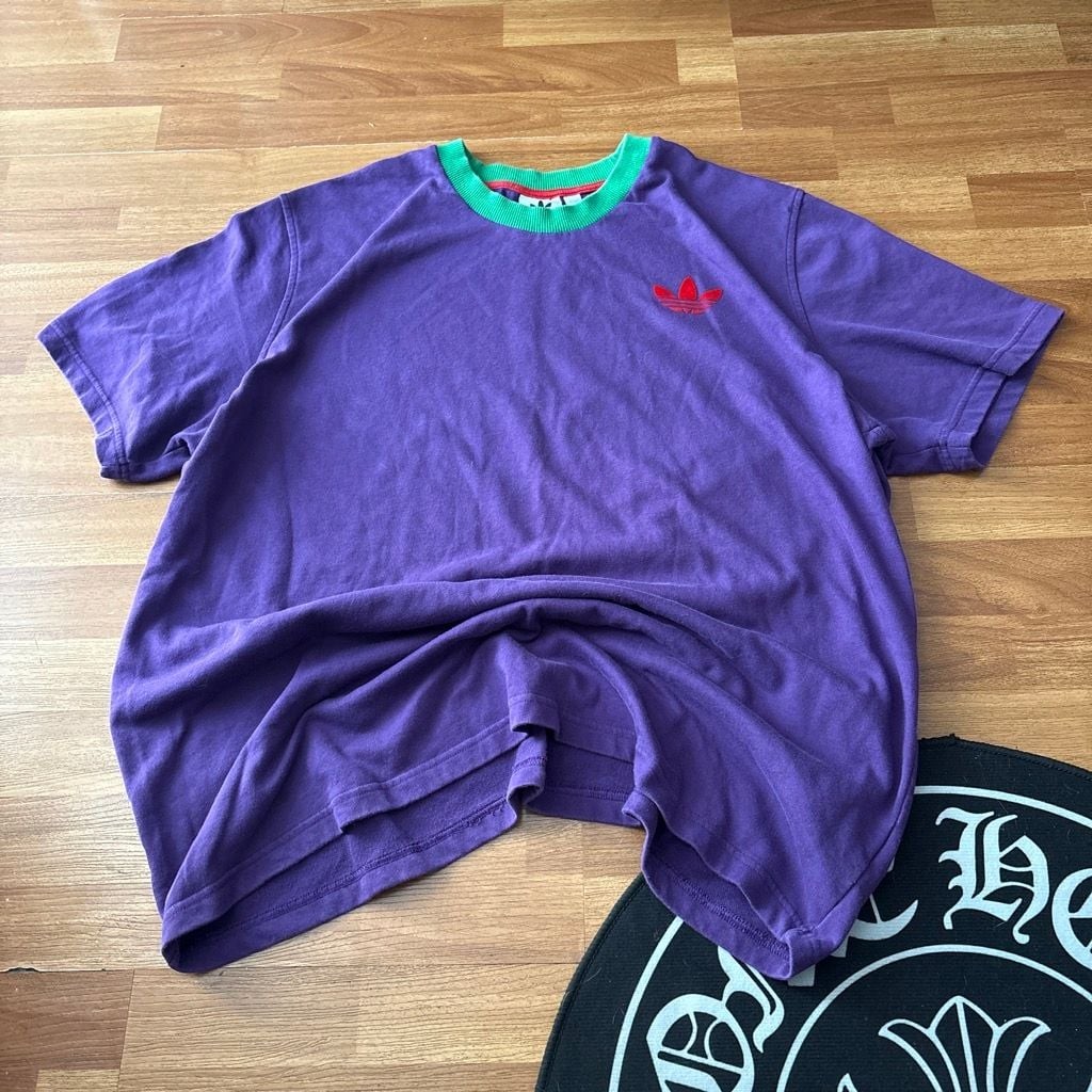 adidas Adicolor Heritage Now Large Trefoil T-Shirt Purple Green Ringer