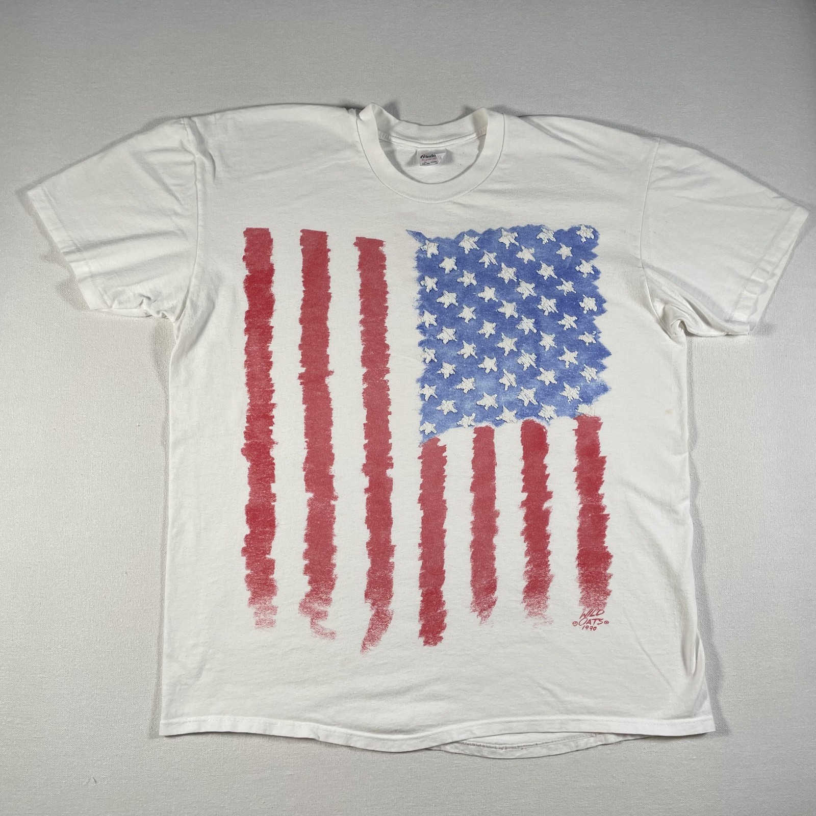Vintage American Flag Graphic Shirt Mens XL White Stedman Wild Oats 1990s USA