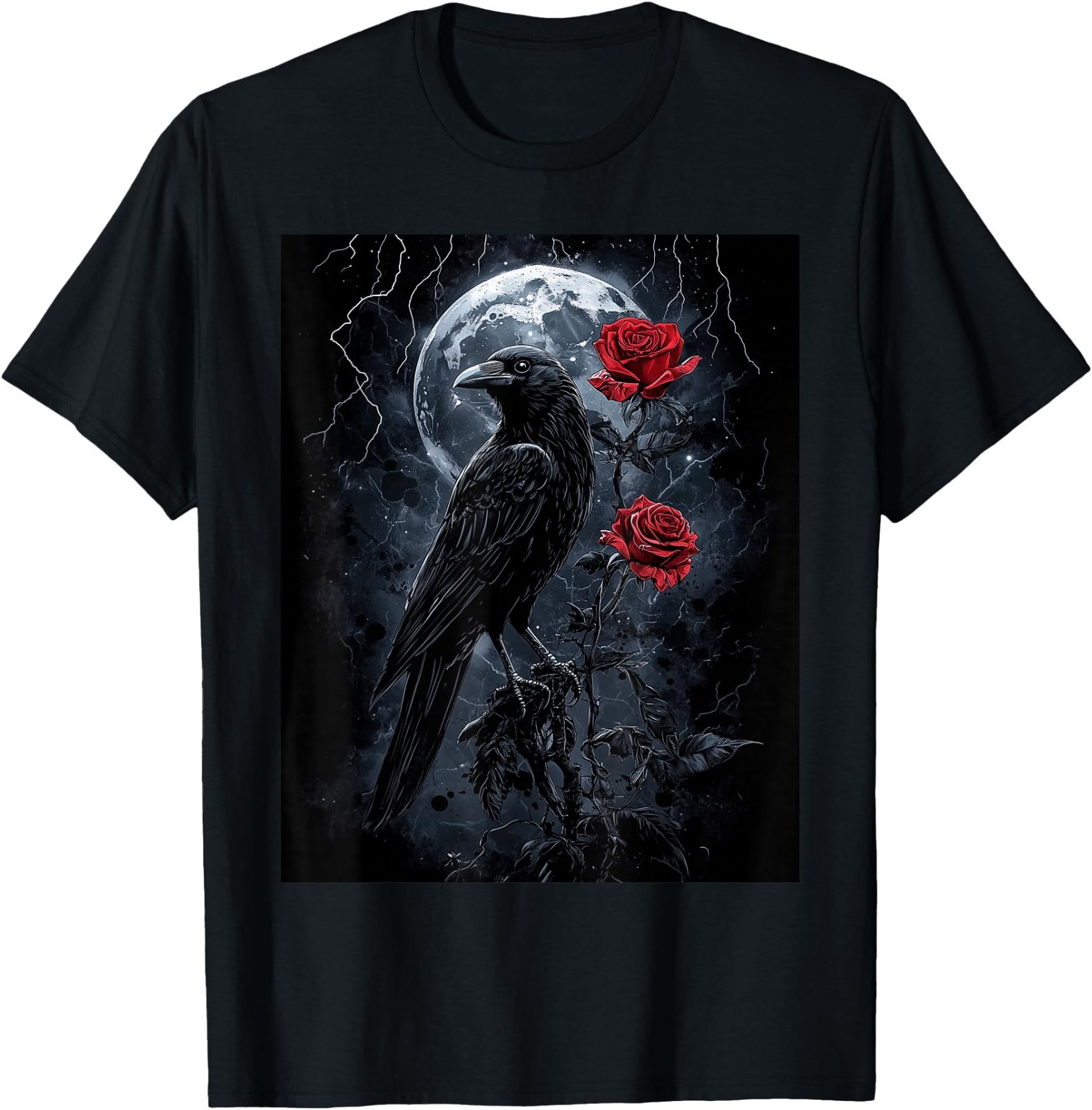 Raven Rose Moon Scary Black Gothic Spooky Women Black Crow T-Shirt