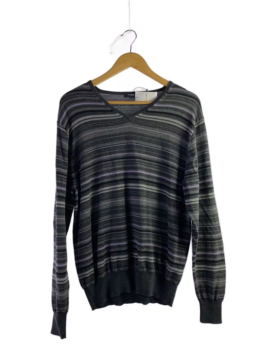 BURBERRY LONDON Knit Sweater (Thick) LL Wool Gray Striped BBT02-503-07