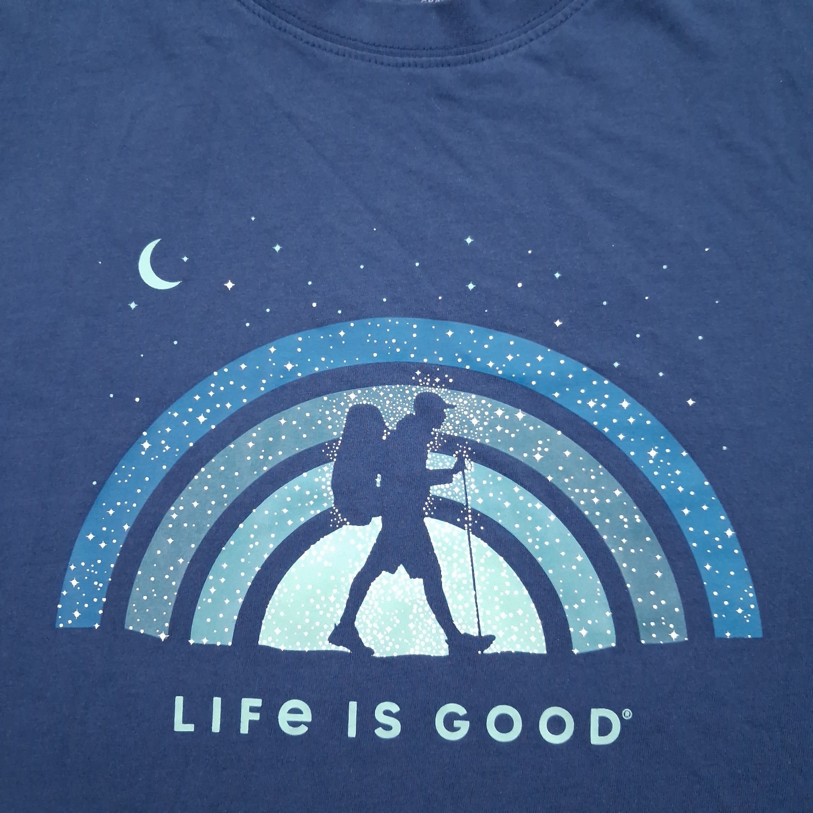 Life Is Good T-Shirt Mens Large Blue Night Hiker Hiking Crusher Tee Stars Moon
