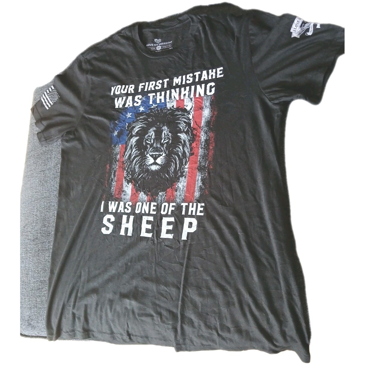 I Love My Freedom Lion American Flag Graphic T-Shirt Mens XL Black Patriotic Tee