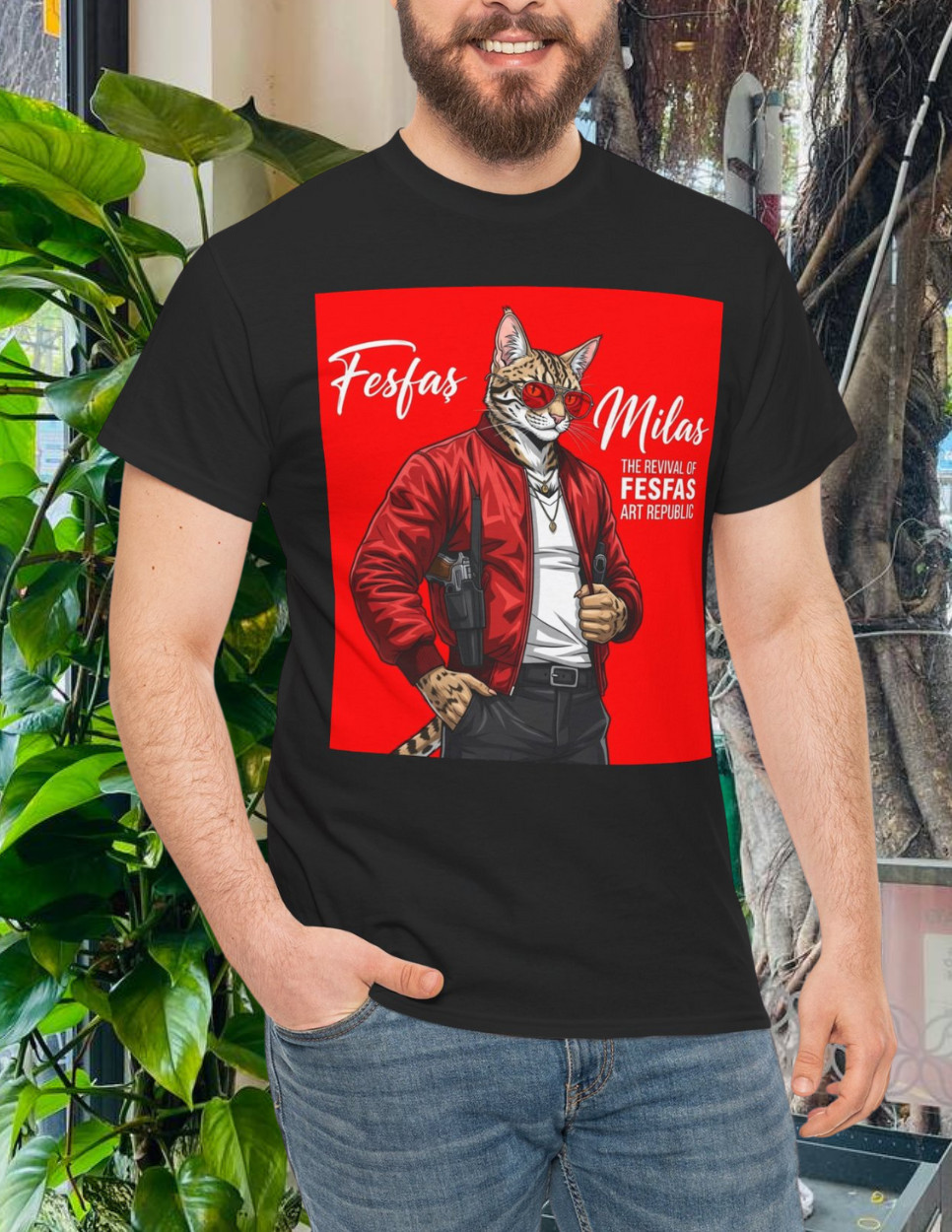 Cat-Themed Heavy Cotton Tee Quirky Graphic T-Shirt
