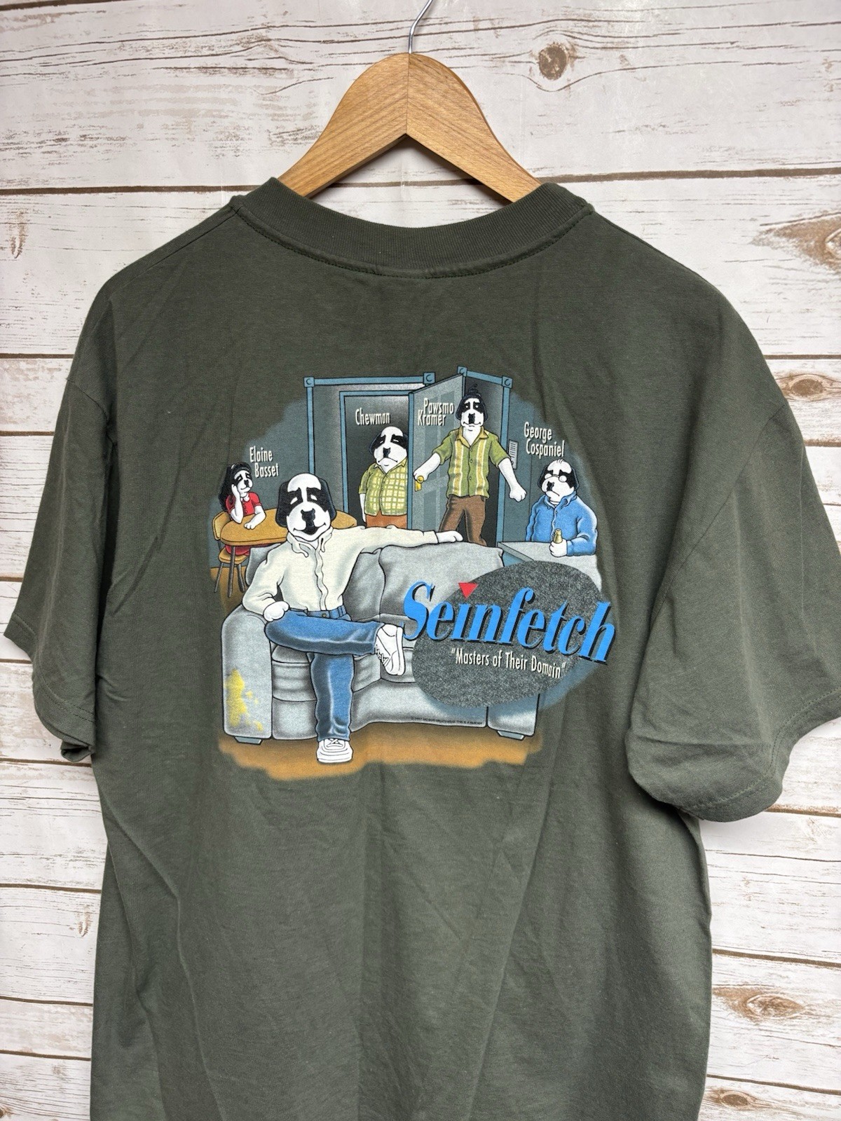 Vintage 97 Big Dog Seinfetch TShirt Seinfeld Parody Mens Green M/L