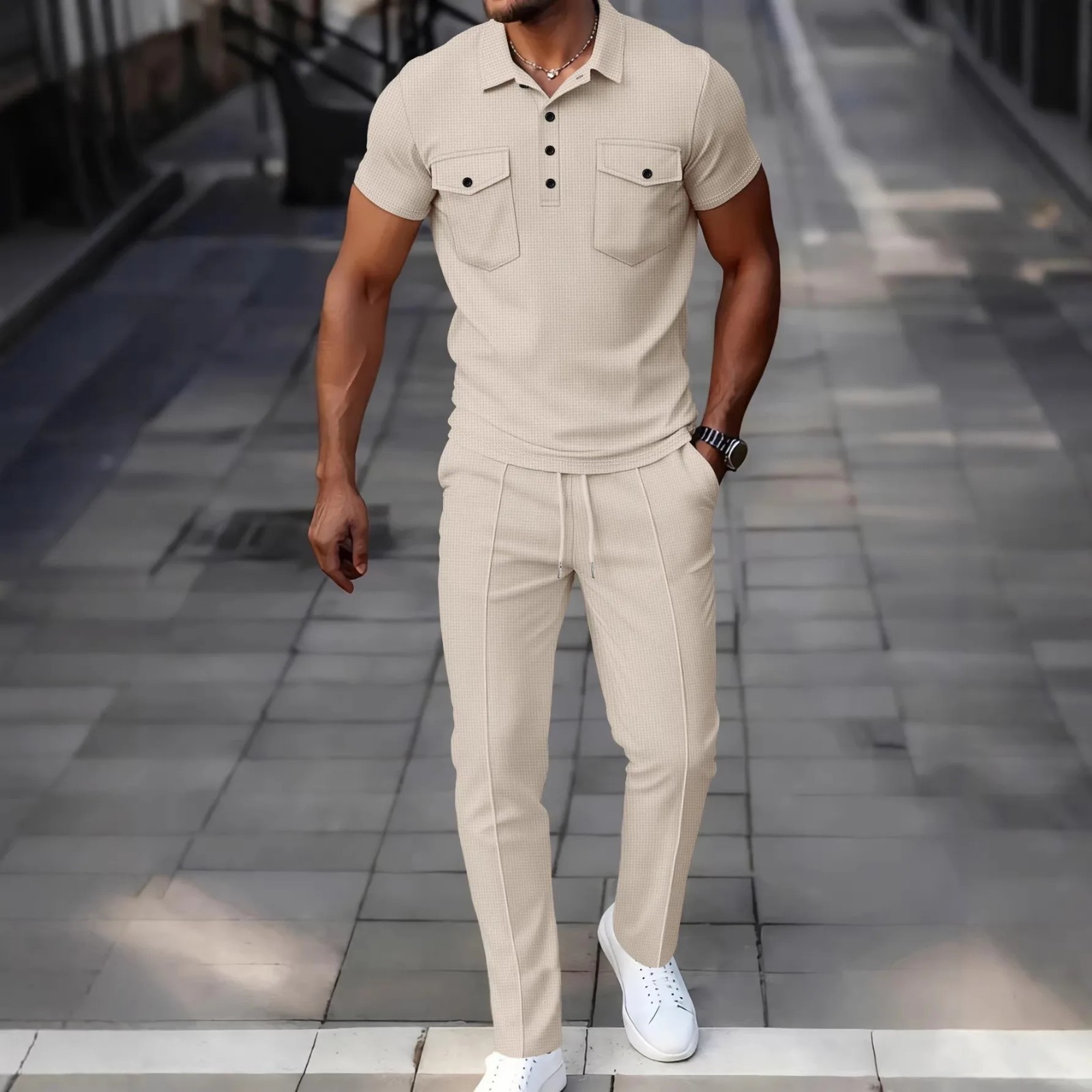 Mens 2 Piece Waffle Knit Polo Tracksuit Set Casual Summer Shirt Pants Outfit