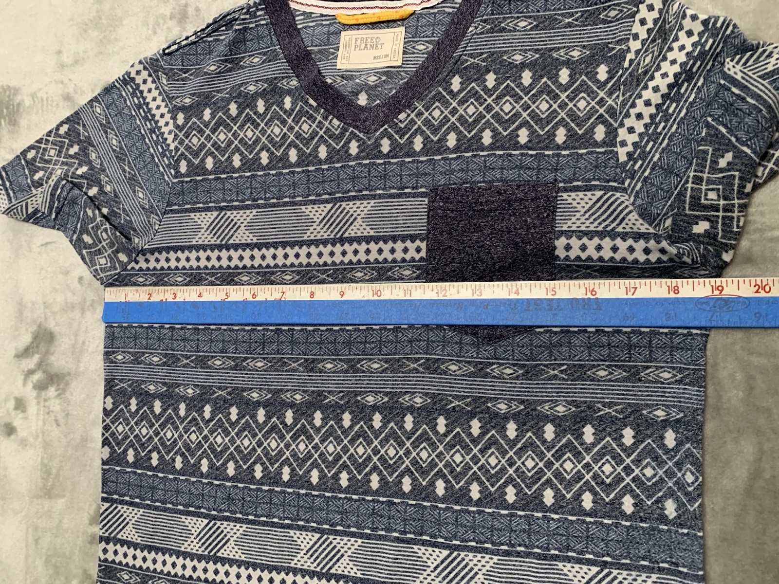 Free Planet Shirt Mens Medium Blue Aztec Stripe Pocket Surf Skater Style Tee