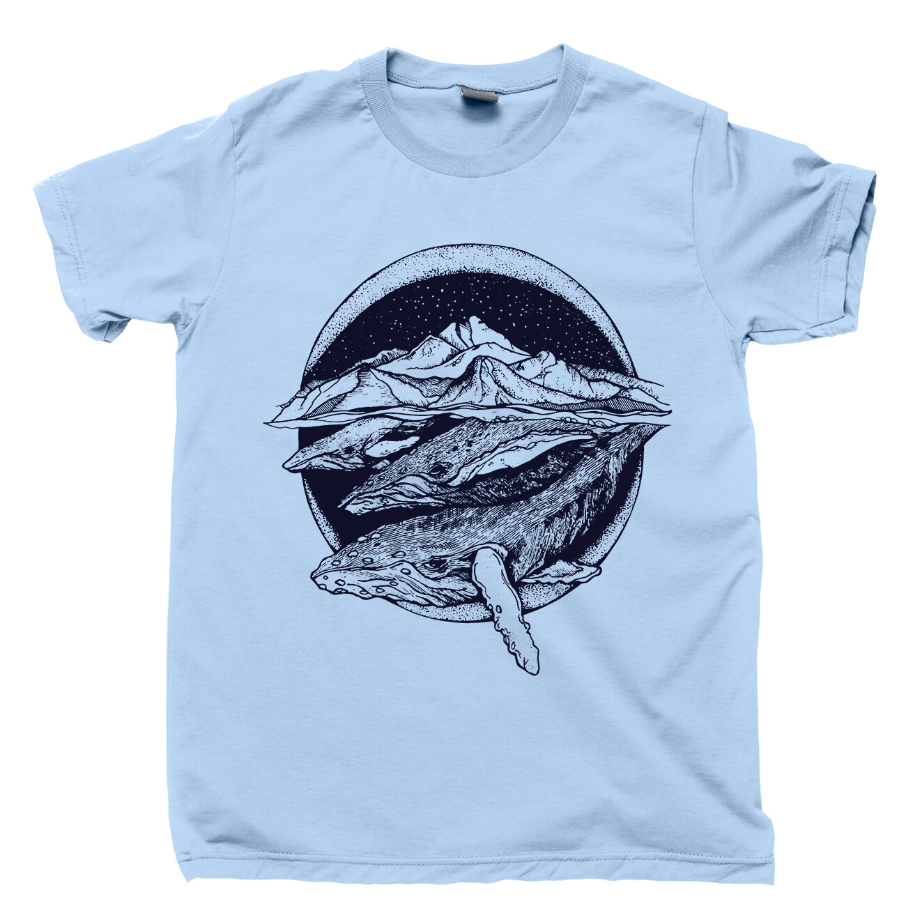 Swimming Whales T Shirt Deep Blue Sea Ocean Waves Nautical Marine Mammals Tee
