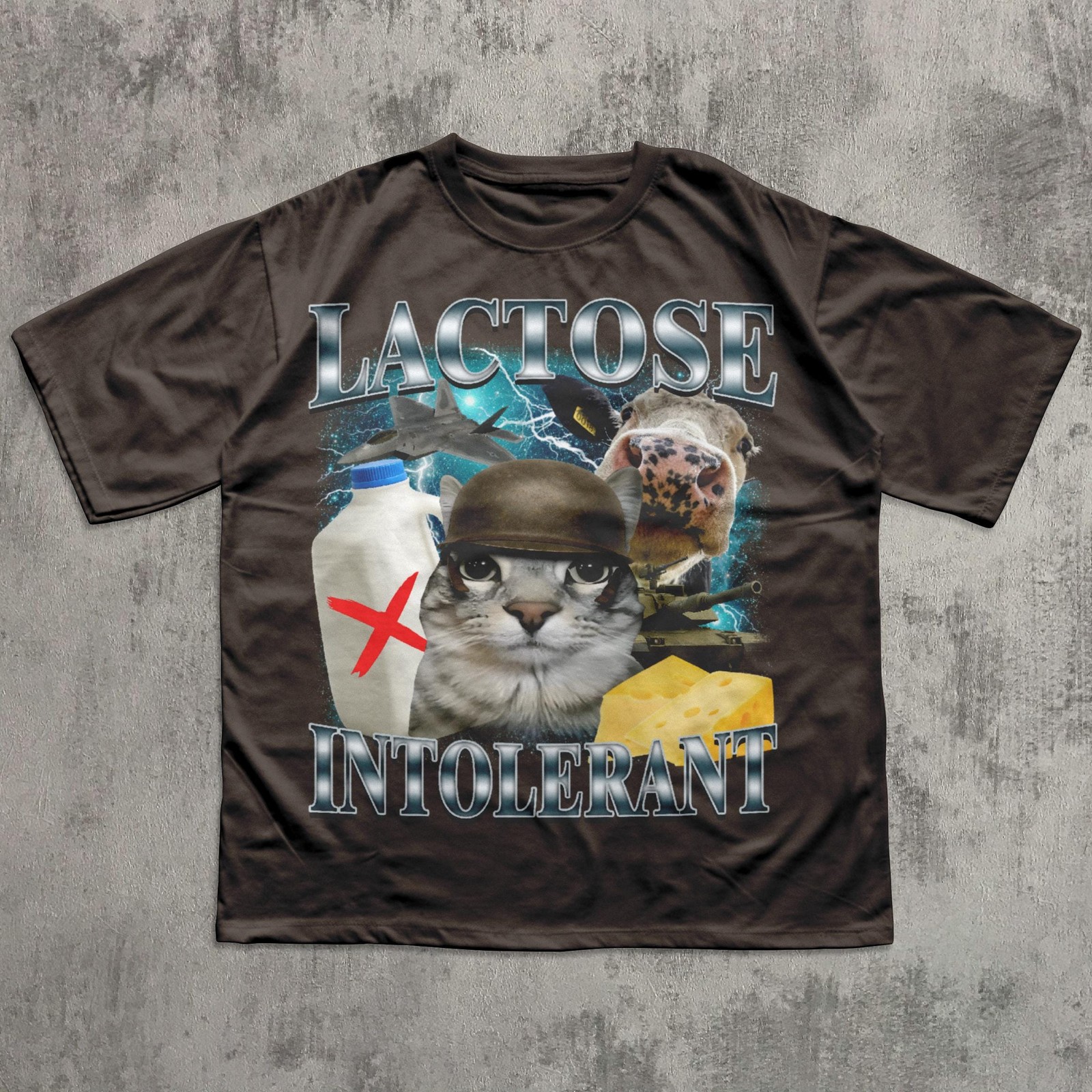 Lactose Intolerant Funny Cat Meme T-Shirt Silly Weird Unhinged Tee