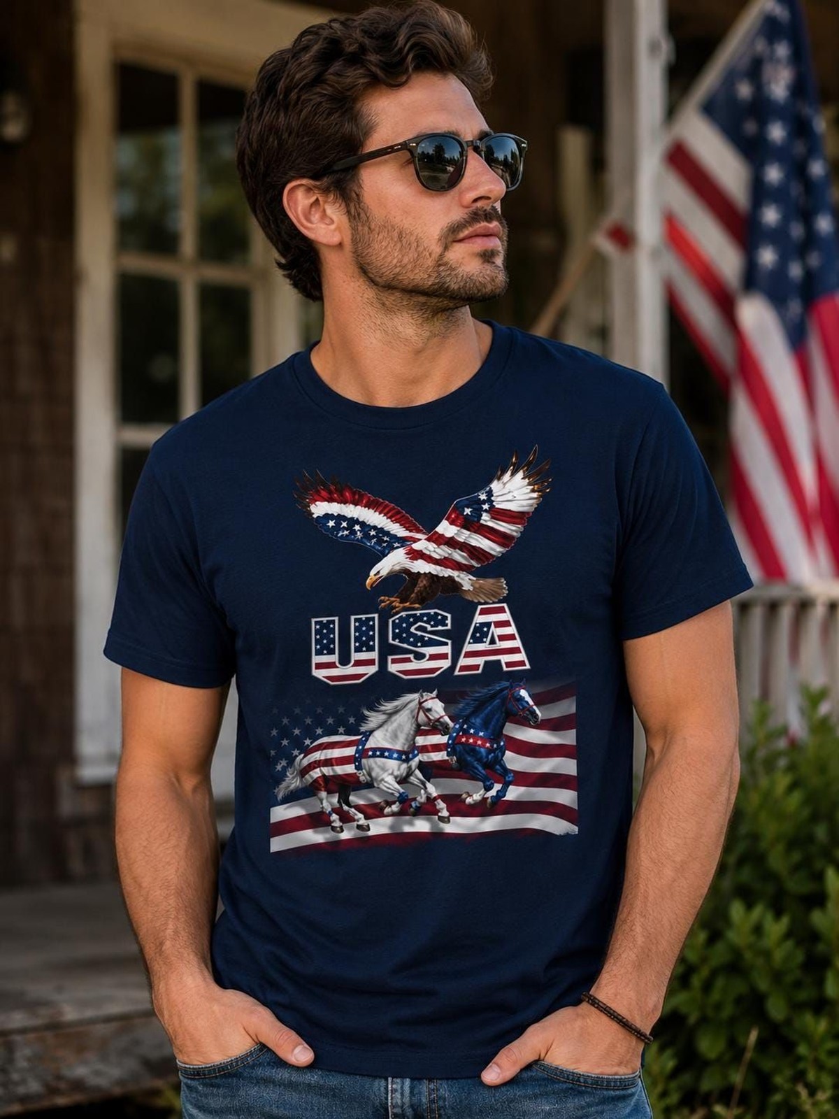 Patriotic USA Eagle T-Shirt, American Flag Bald Eagle Tee, July 4th Memorial Day